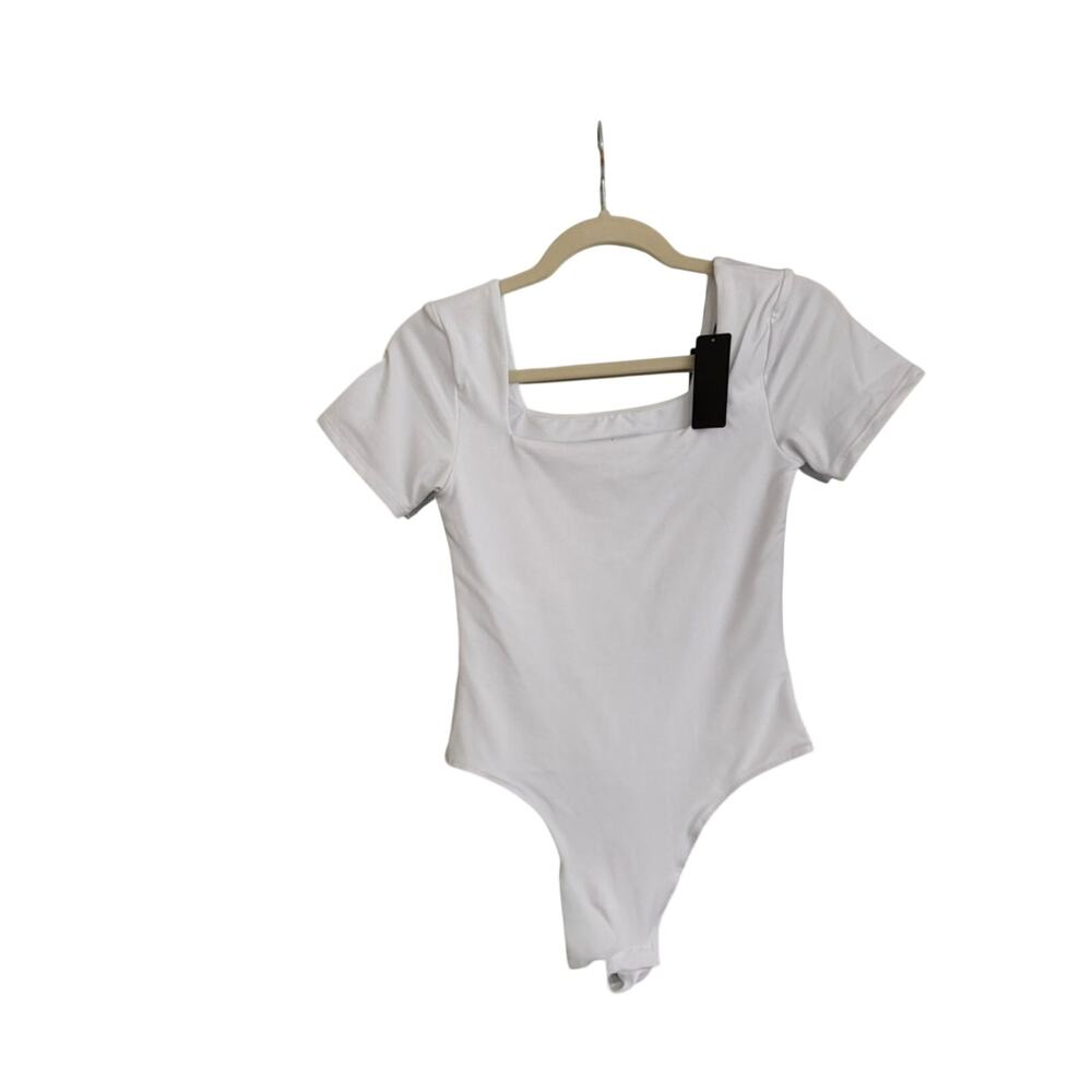 New Square Neck Short Sleeve Womens Cotton Elastane White Bodysuit Small